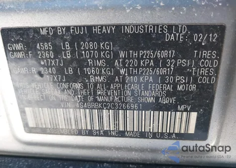 2012 Subaru Outback 2.5I Limited from USA, damaged, VIN 4S4BRBKC2C3266961